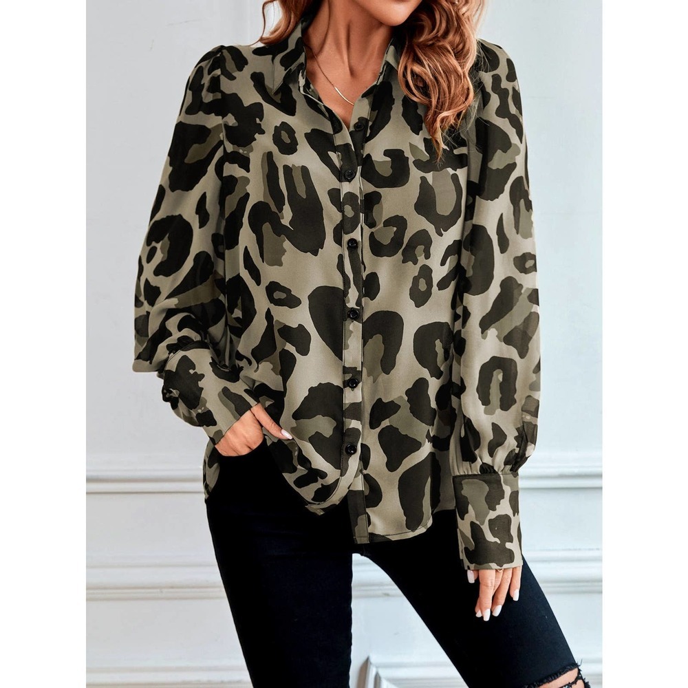 long sleeve Leopard Print Bishop Sleeve Chiffon Shirt tan - Picture 7 of 11